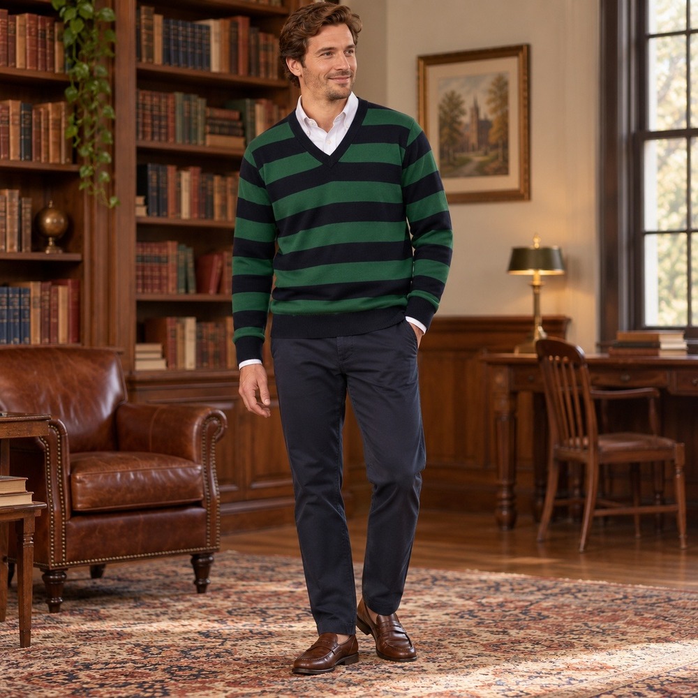 J.Crew Mens Italian Merino Wool V-Neck Striped Sweater Green Black 97479 L
